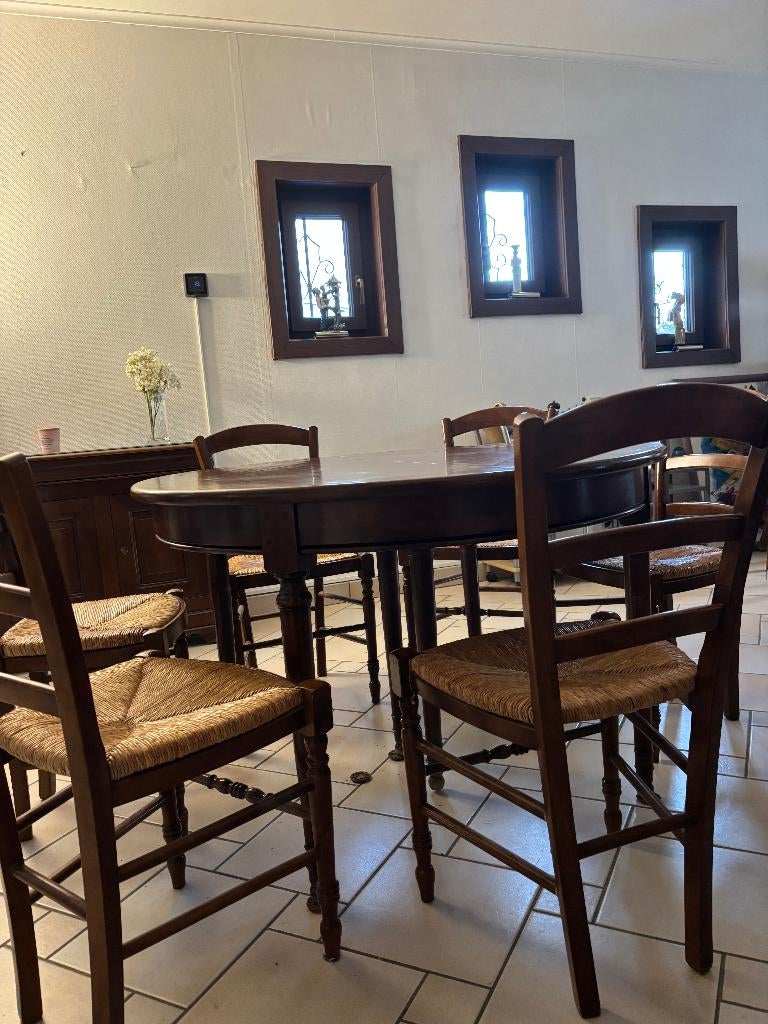 table + 6 chaises avec assise en paille, Maison & Meubles, 100 à 150 cm, Cinq personnes ou plus, Rond, 100 à 150 cm