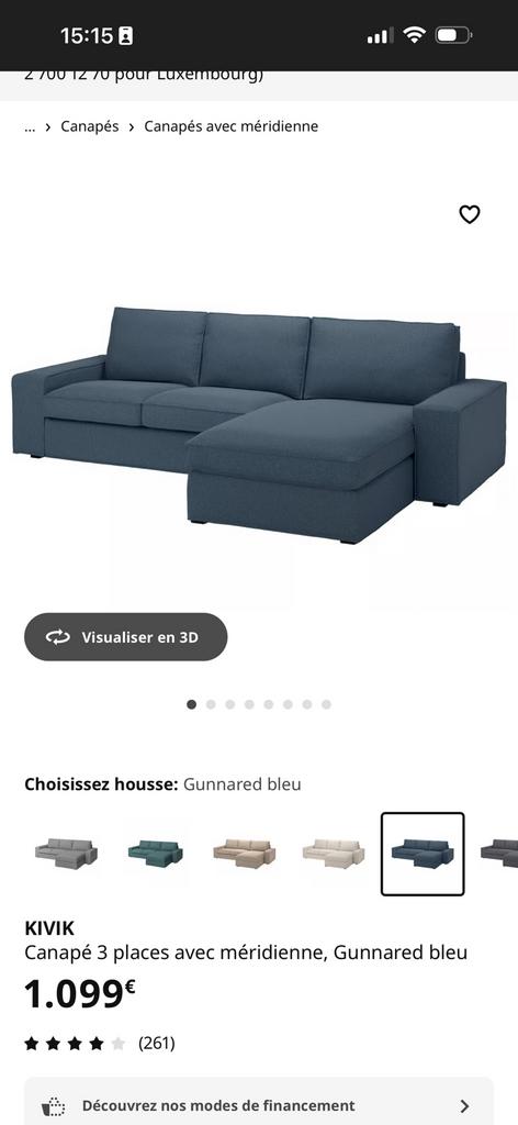 Canape d’angle Kivik de Ikea. 3 places + meridienne Bleu, Enlèvement, Comme neuf, Bleu