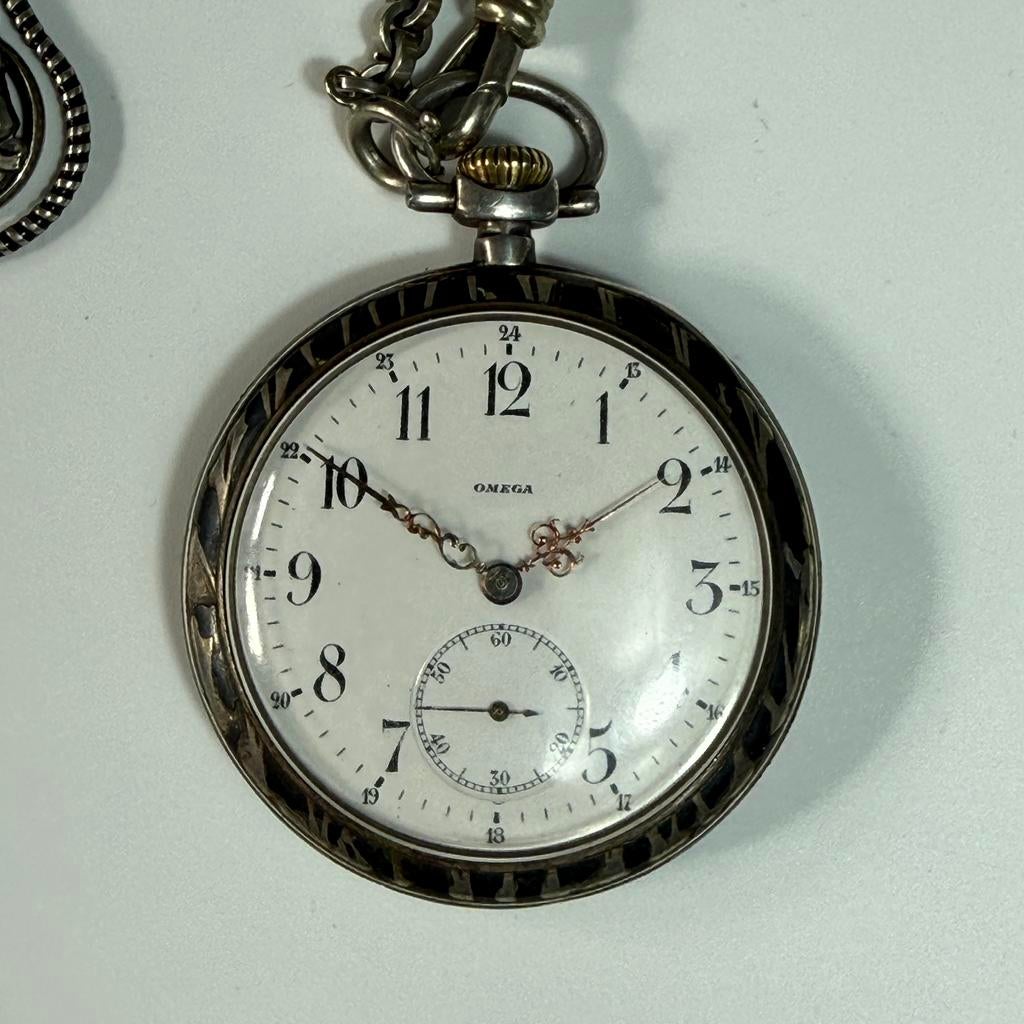 Omega 900 zilveren zakhorloge met ketting, Ophalen of Verzenden, Zilver, Omega