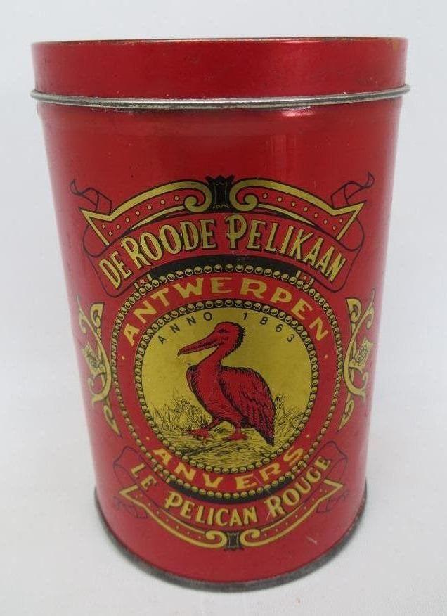 oude lege blikken doos De roode pelikaan  Antwerpen, Verzamelen, Ophalen of Verzenden, Gebruikt, Koffie, Overige merken