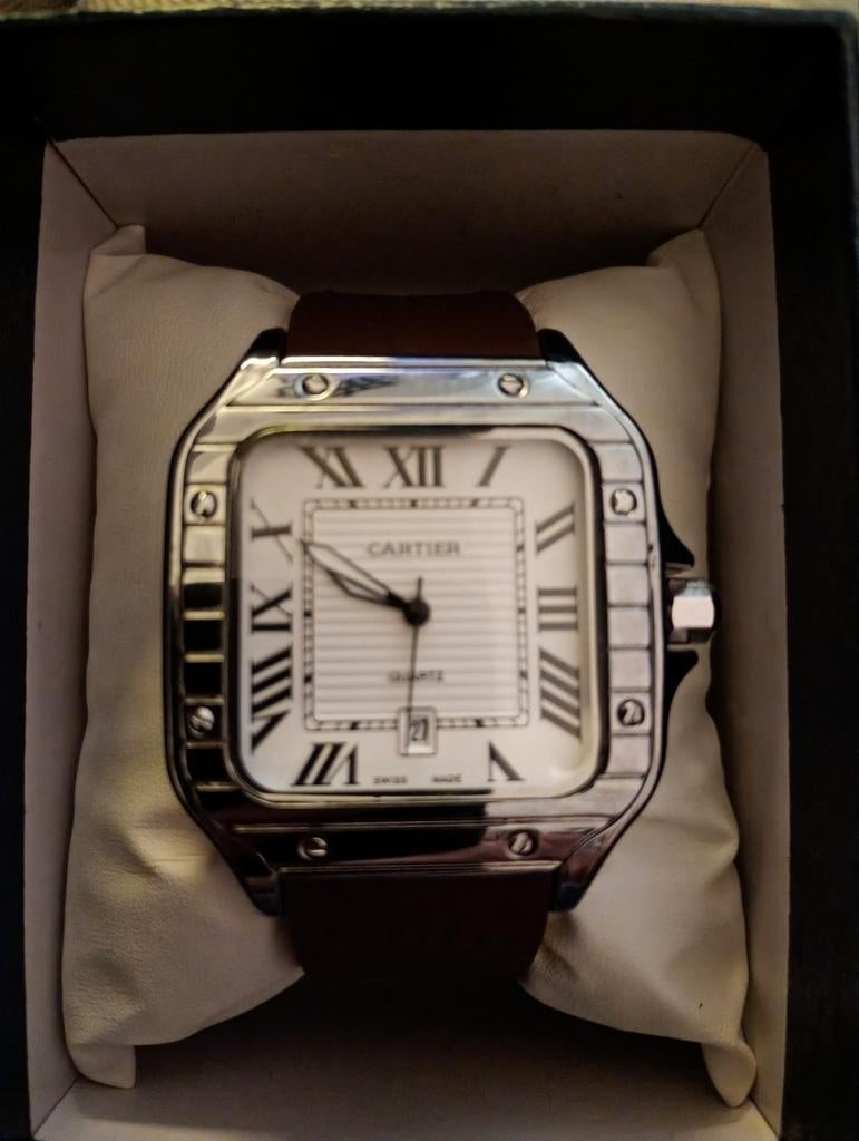 Cartier Santos 42mm, Handtassen en Accessoires, Horloges | Dames, Overige merken, Leer, Staal, Polshorloge