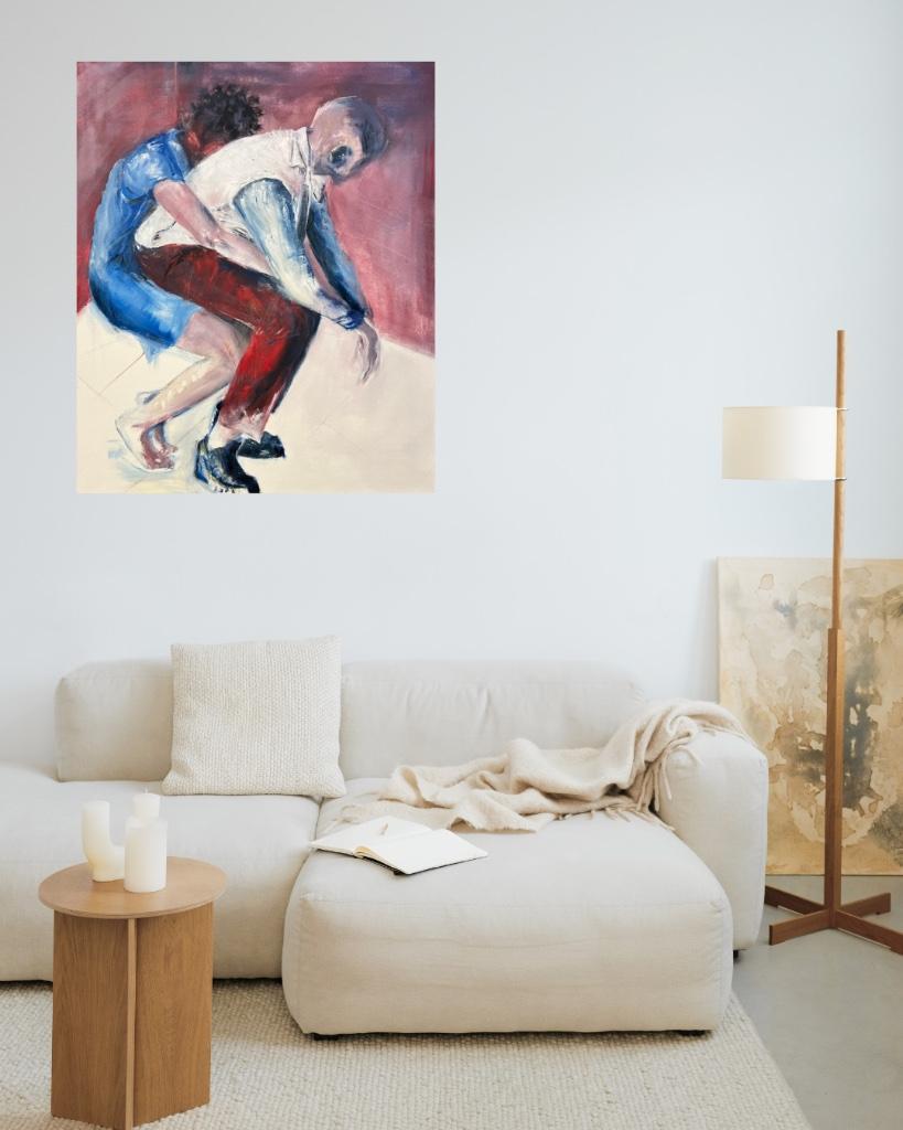 Schilderij peinture painting ‘Dancesitting’ 120x100 oranje, Ophalen, 75 tot 100 cm, Schilderij, 75 cm of meer