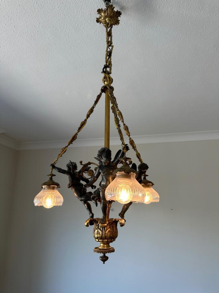Lustre ancien bronze angelots "putti" - Exclusif !, Antiquités & Art, Enlèvement