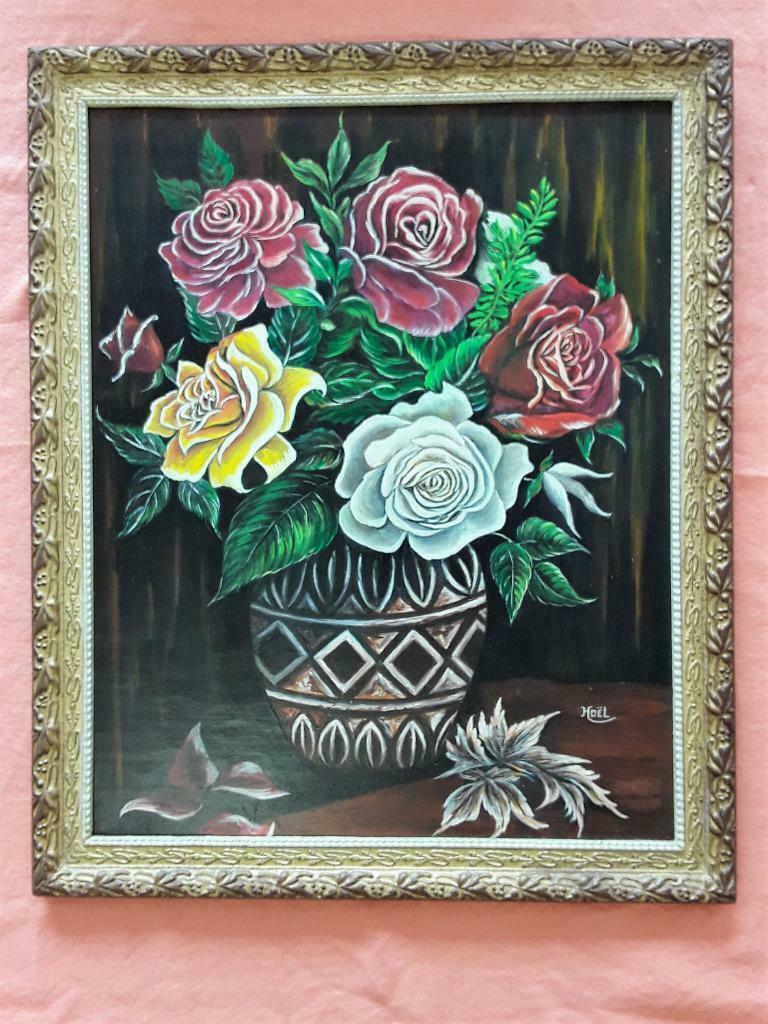 Peinture de fleurs par HOËL - cadre en bois et dorure, Antiquités & Art, Enlèvement