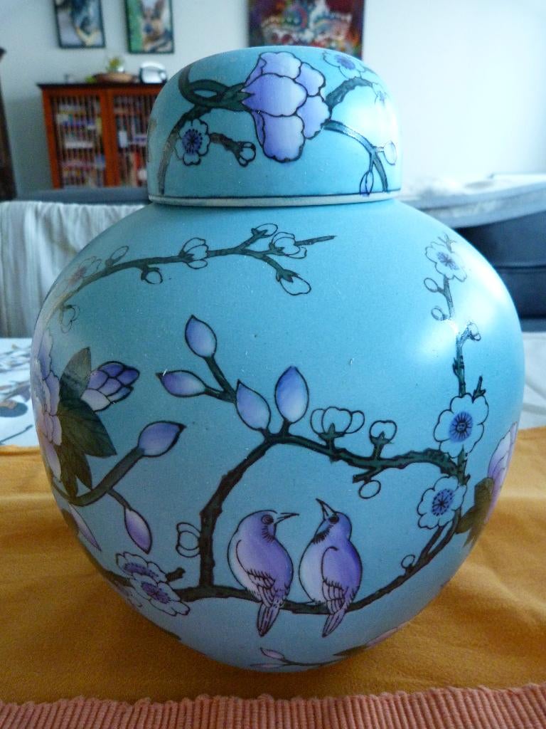 Vase turquoise à décor d'oiseaux, Neuf, Moins de 50 cm, Autres couleurs, Poterie ou Porcelaine