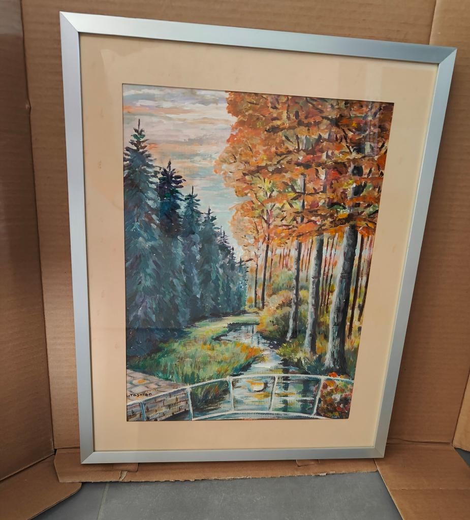 Schilderij Bos ,beekje en brug, Enlèvement