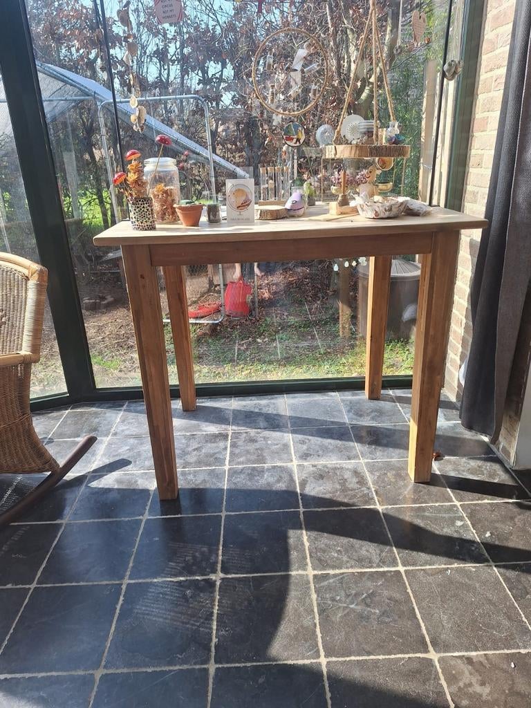 Hoge houten tafel met 4 Cabana Loom stoelen, Ophalen, Gebruikt