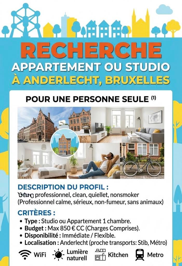 RECHERCHE APPARTEMENT OU STUDIO À ANDERLECHT, BRUXELLES, Bruxelles