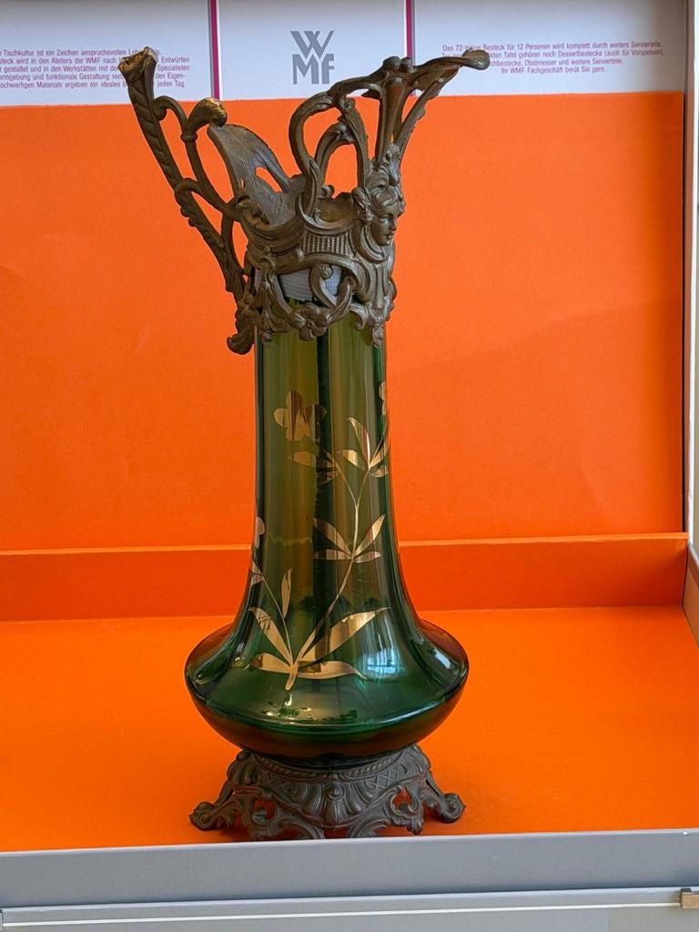 Vase carafe Art Nouveau verre avec bronze, Antiek en Kunst, Antiek | Vazen, Ophalen of Verzenden