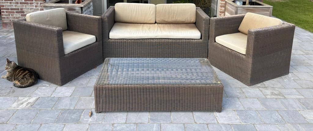 Loungeset/tuinset in wicker te koop, Tuin en Terras, Ophalen, 4 zitplaatsen, Gebruikt, Bank