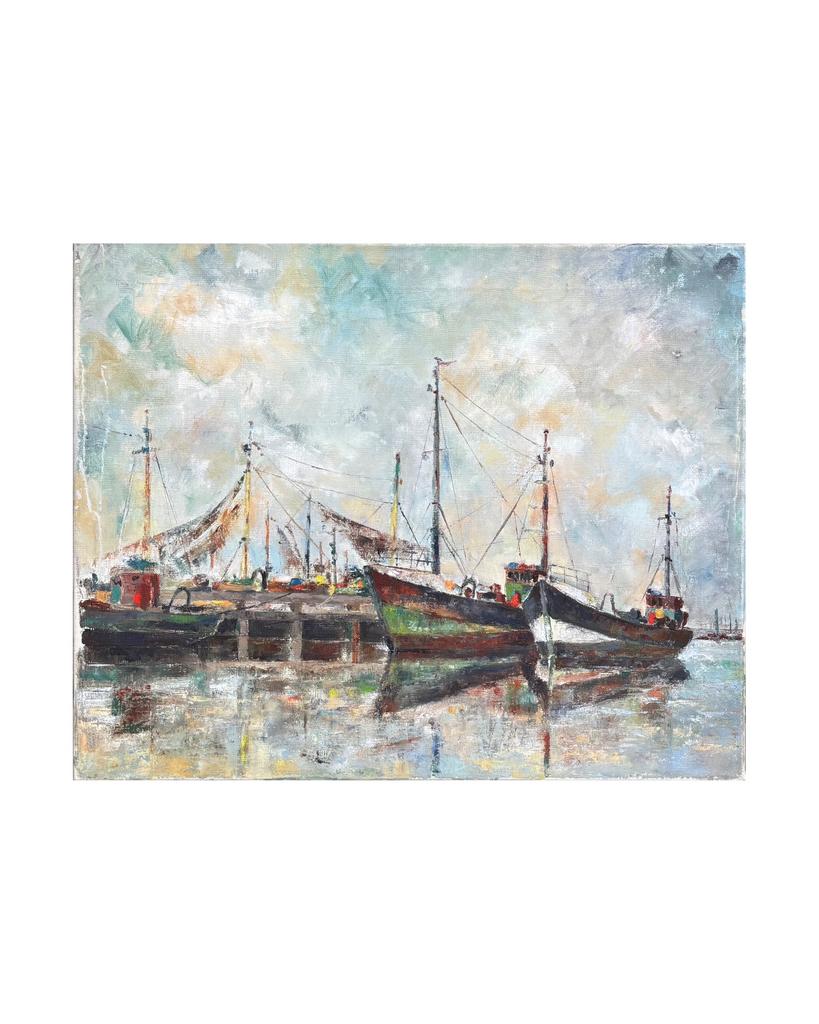 Olie op doek schilderij van havenzicht (40x51), Antiek en Kunst, Kunst | Schilderijen | Klassiek, Ophalen