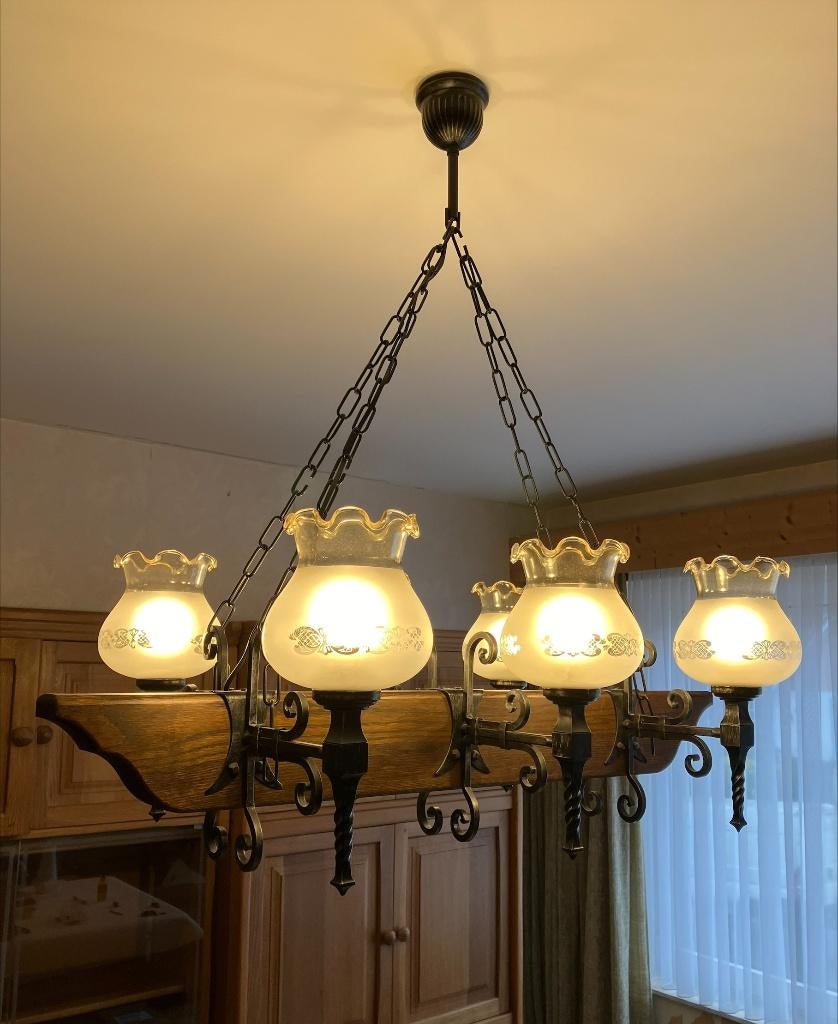 Lustre style fermette, Maison & Meubles, Lampes | Lustres, Utilisé, Verre, Bois, Métal, Enlèvement