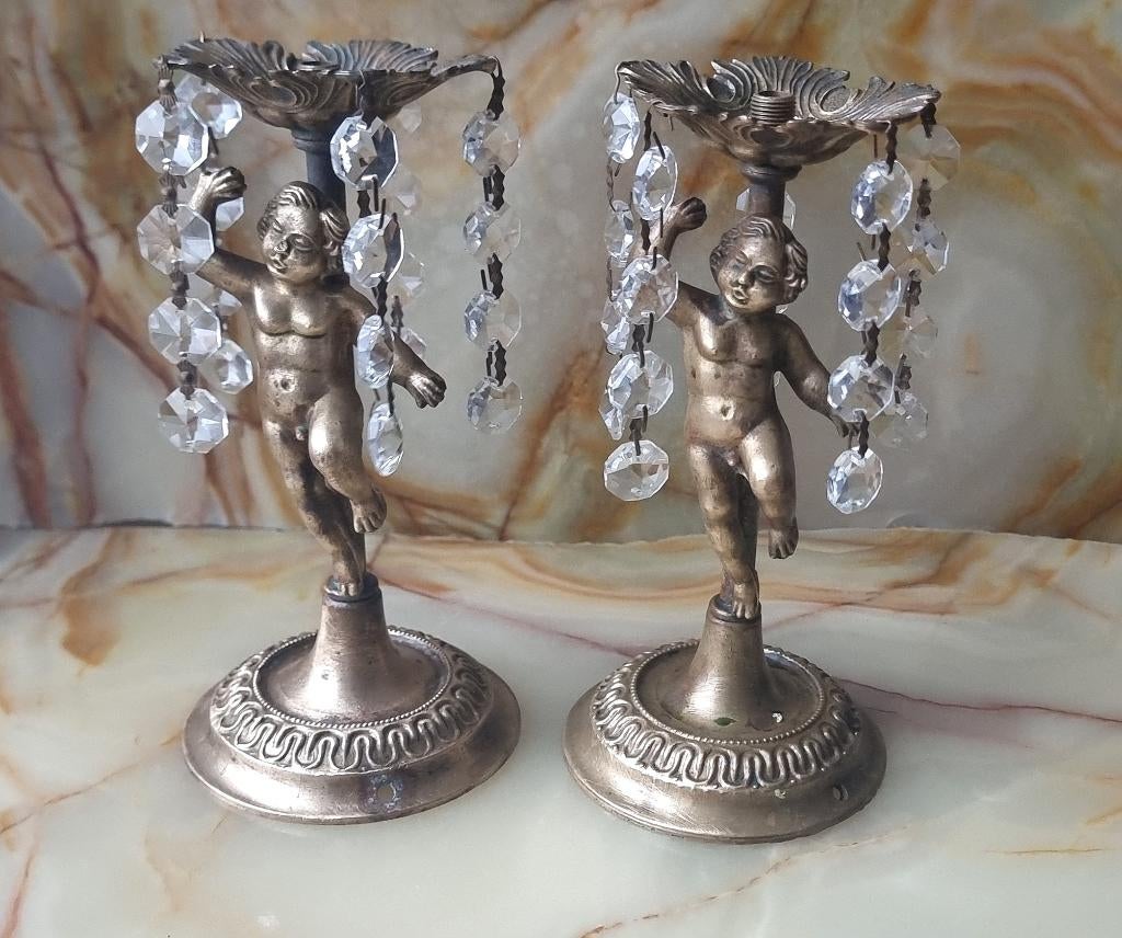 2 figurines bronze cupidons+cristal,talie 1950-70, Envoi, Bronze