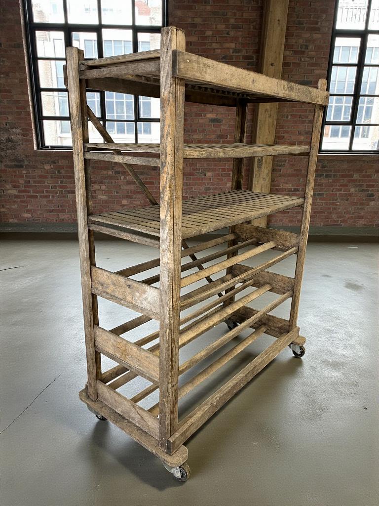 vintage houten industriële rek op wielen, Ophalen of Verzenden
