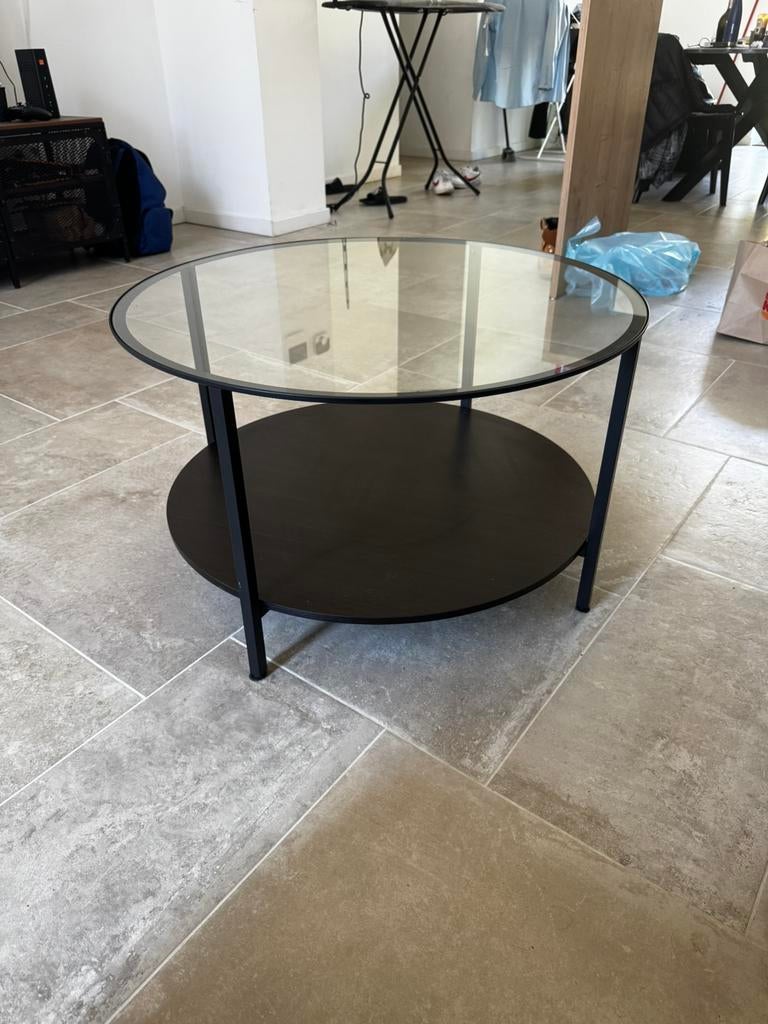 Table basse ronde – verre et bois foncé, Enlèvement, Comme neuf, Verre