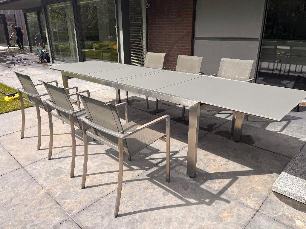 Uitschuifbare tuintafel inox + 6 inox stoelen, Tuin en Terras, Ophalen, Inox, Gebruikt, 6 zitplaatsen