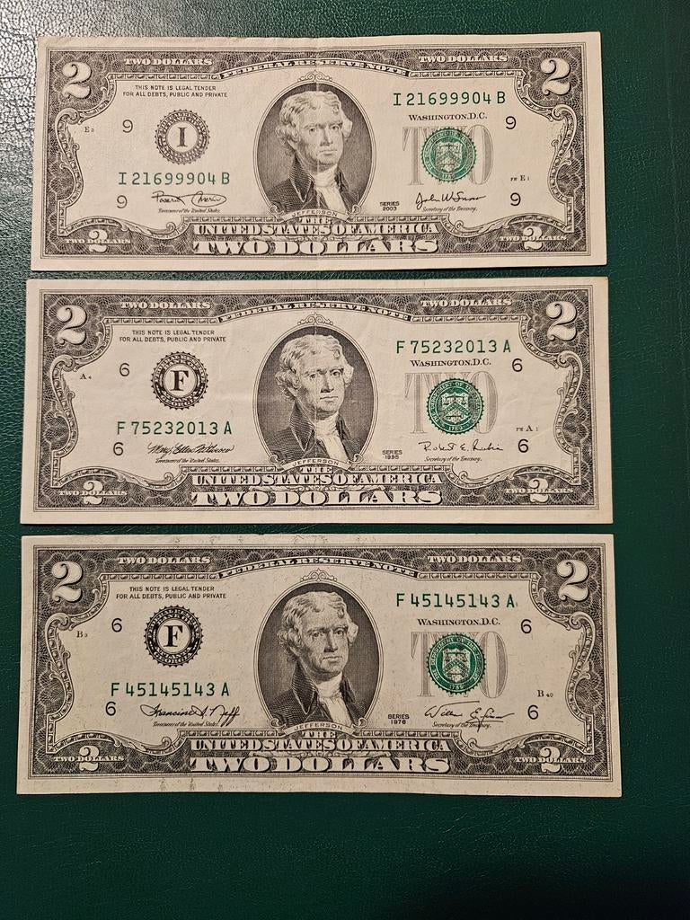 3x 2 dollars USA set verschillende jaren, Postzegels en Munten, Bankbiljetten | Amerika, Ophalen of Verzenden, Noord-Amerika, Setje