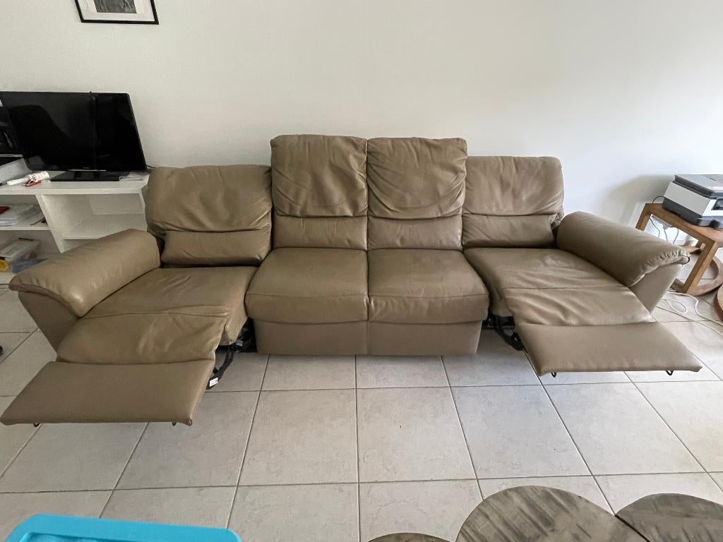 Lange zetel salon 4-zit mét 2 ingebouwde relaxen Bruin, Ophalen, 250 tot 300 cm, Gebruikt, Rechte bank