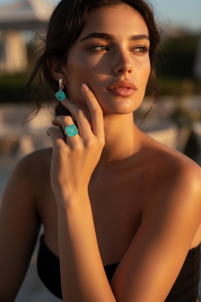 setje paraiba oorbellen met ring verguld 14k, Handtassen en Accessoires, Oorbellen, Met kristal, Overige materialen, Hangers, Nieuw