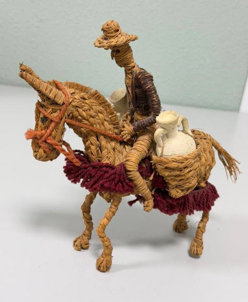 Âne en osier vintage fait main avec un cavalier folklorique, Enlèvement ou Envoi