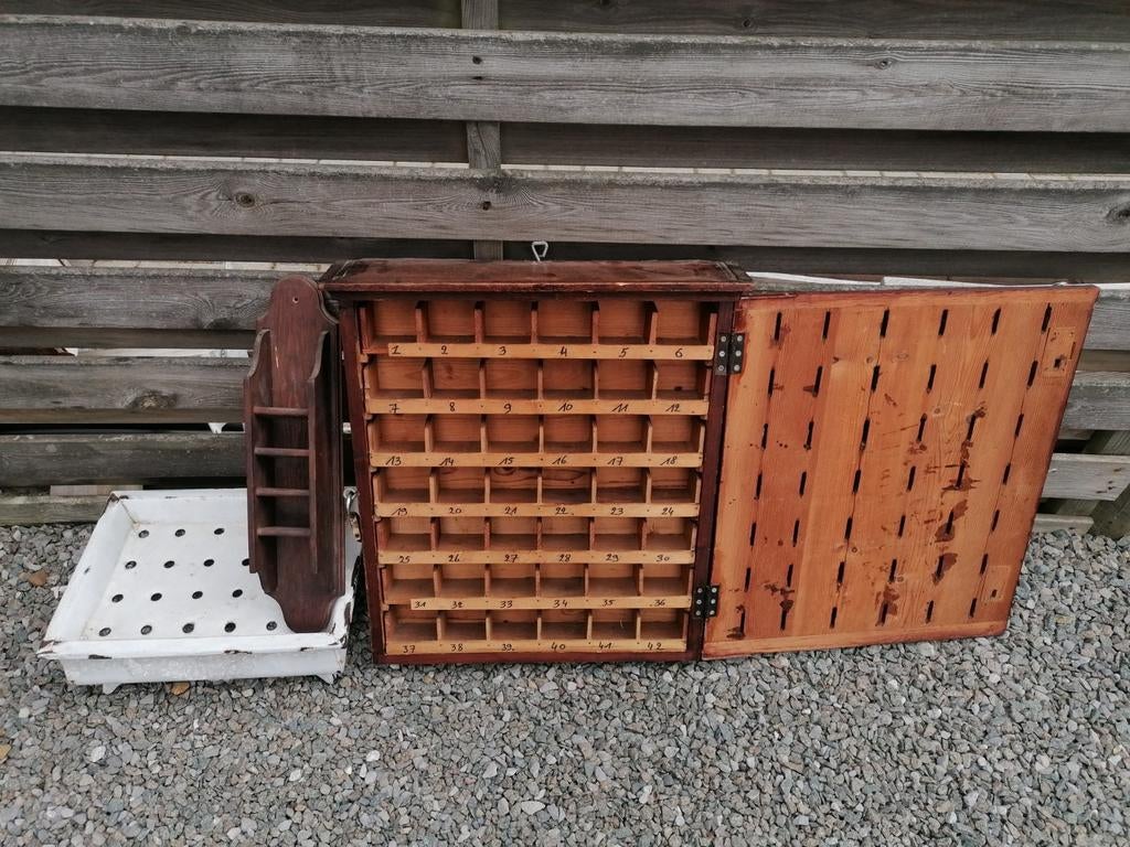 3 oude café stuks vergiet, spaarkas, kaart rekje, Ophalen