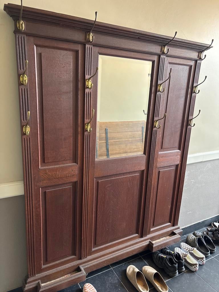 Antieke houten kapstok met spiegel, Antiek en Kunst, Ophalen