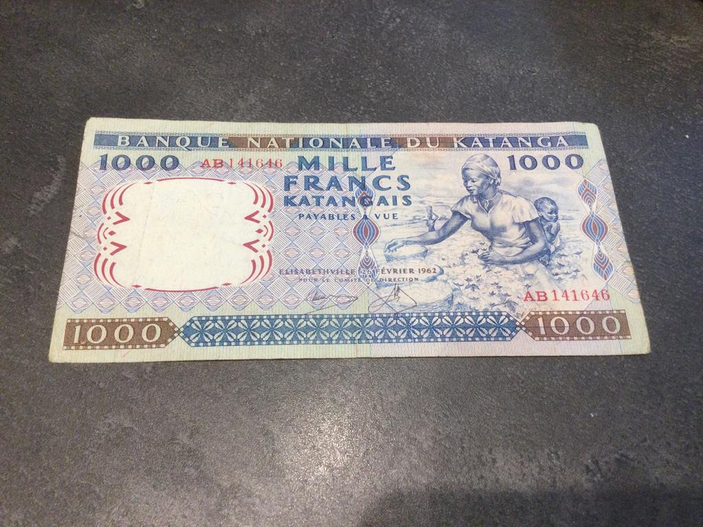 1000 francs katangais 1962, Timbres & Monnaies, Enlèvement ou Envoi