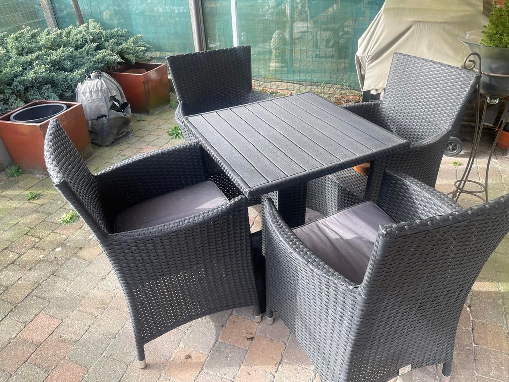 Terrastafel zwart stoelen/kussens, Jardin & Terrasse, Enlèvement, Comme neuf