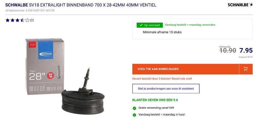 Schwalbe SV18 Extralight Binnenband 700 x 28-42mm, Fietsen en Brommers, Fietsonderdelen, Band, Schwalbe, Nieuw, Ophalen of Verzenden