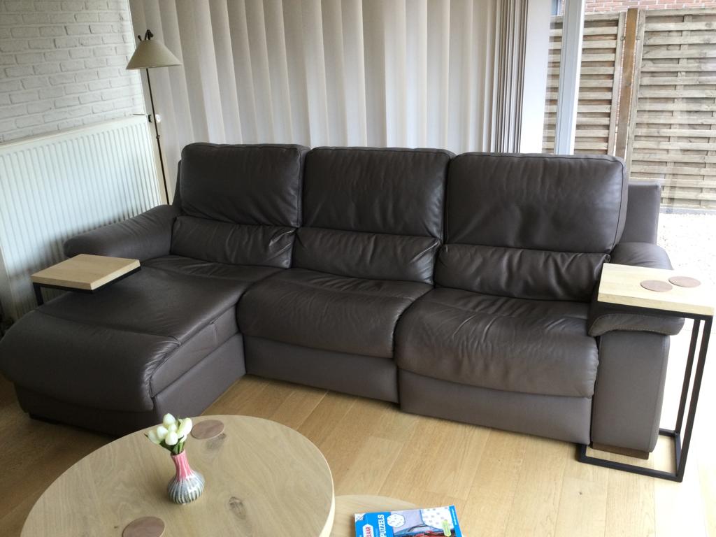Lederen salon met 2 relaxen, Ophalen, Gebruikt, 150 tot 200 cm, Driepersoons