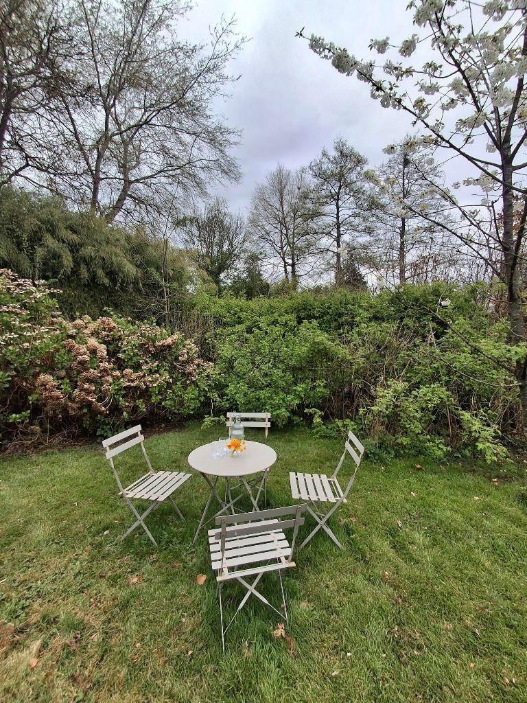 Tuintafel met 4 stoelen - metaal lichtgrijs, Tuin en Terras, Tuintafels, Ophalen, Gebruikt, Rond, Metaal