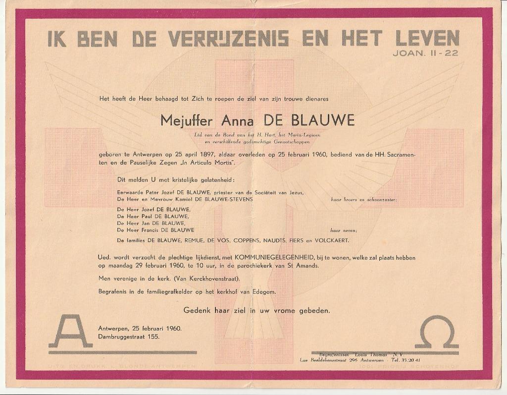 Grote doodsbrief Anna DE DE BLAUWE Antwerpen 1897 - 1960, Verzamelen, Verzenden, Rouwkaart