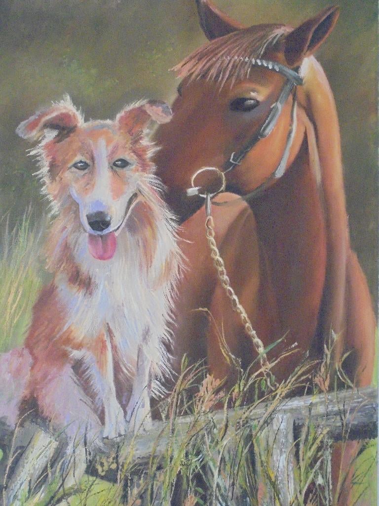 peinture à l'huile cheval/chien (50x70 cm), Antiquités & Art, Art | Peinture | Classique, Enlèvement ou Envoi