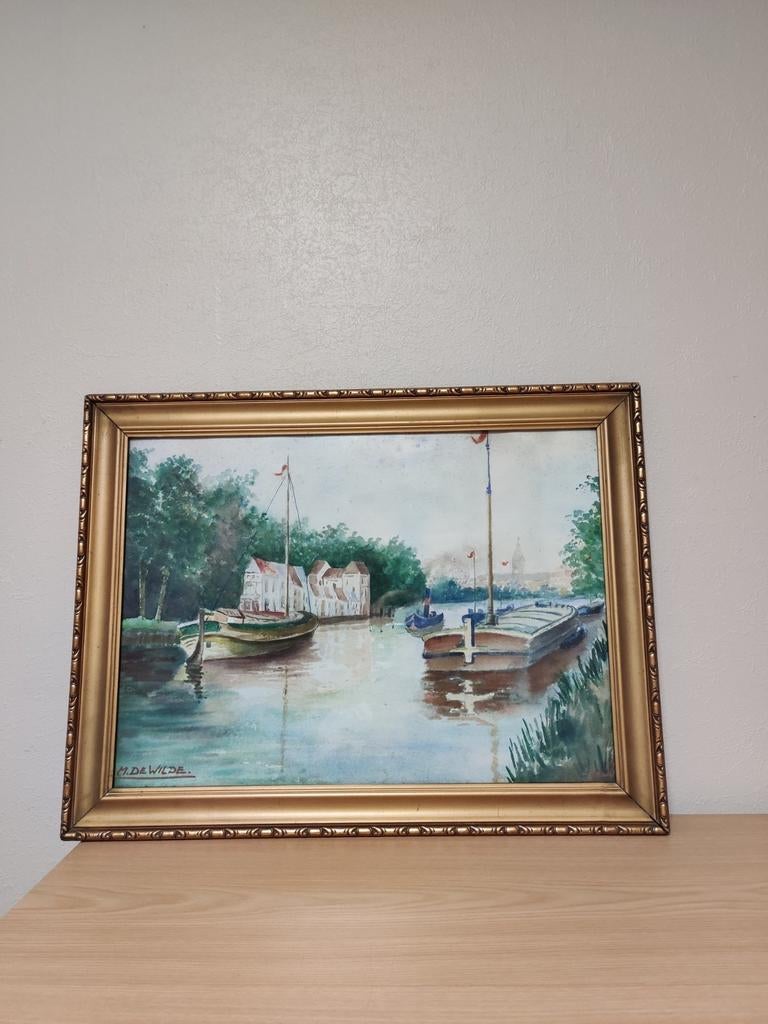 Schilderij waterverf "Schelde in Wetteren", M.De Wilde, Ophalen