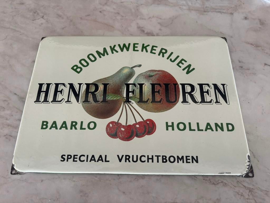 Oud emaille reclame bord Henri Fleuren, Verzamelen, Ophalen, Gebruikt, Reclamebord