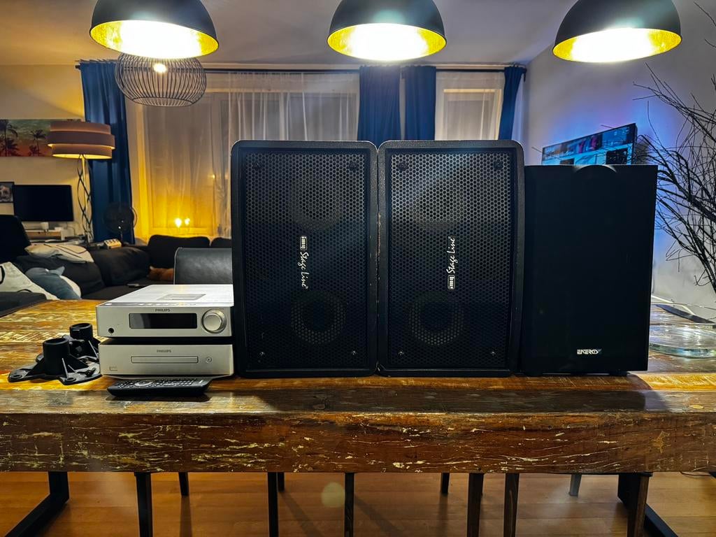 Système audio Philips+enceintes Stage Line+subwoofer Energy, Enlèvement ou Envoi, Utilisé, Haut-parleurs, Philips