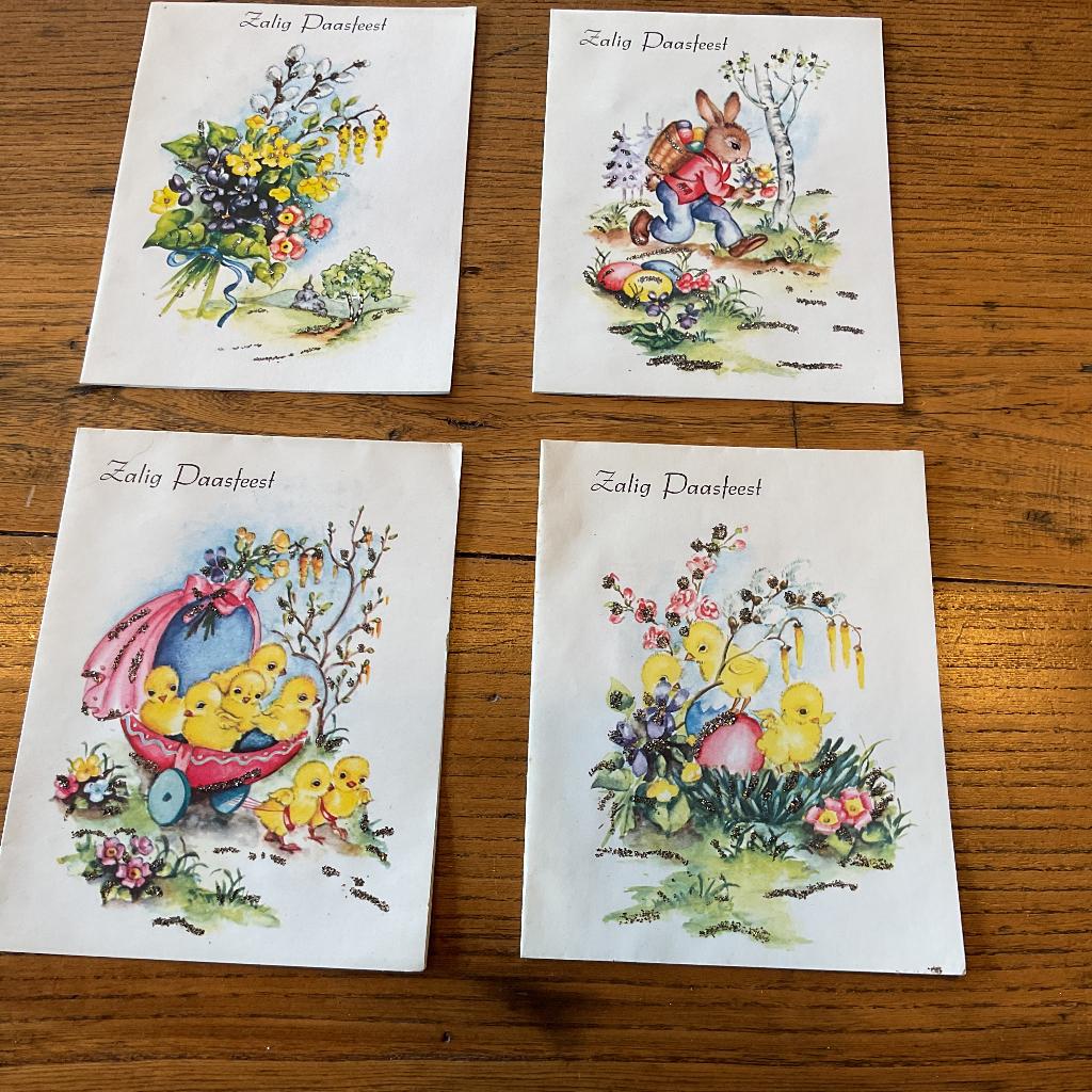 Set zeer oude onbeschreven pop-up Paaskaarten + glittertjes, Ophalen of Verzenden