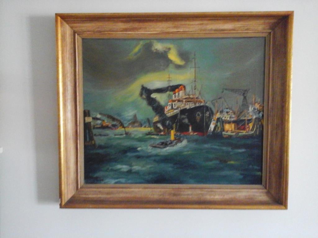 MOOI OUD OLIE VERF SCHILDERIJ OP DOEK " HAVENZICHT  ", Ophalen