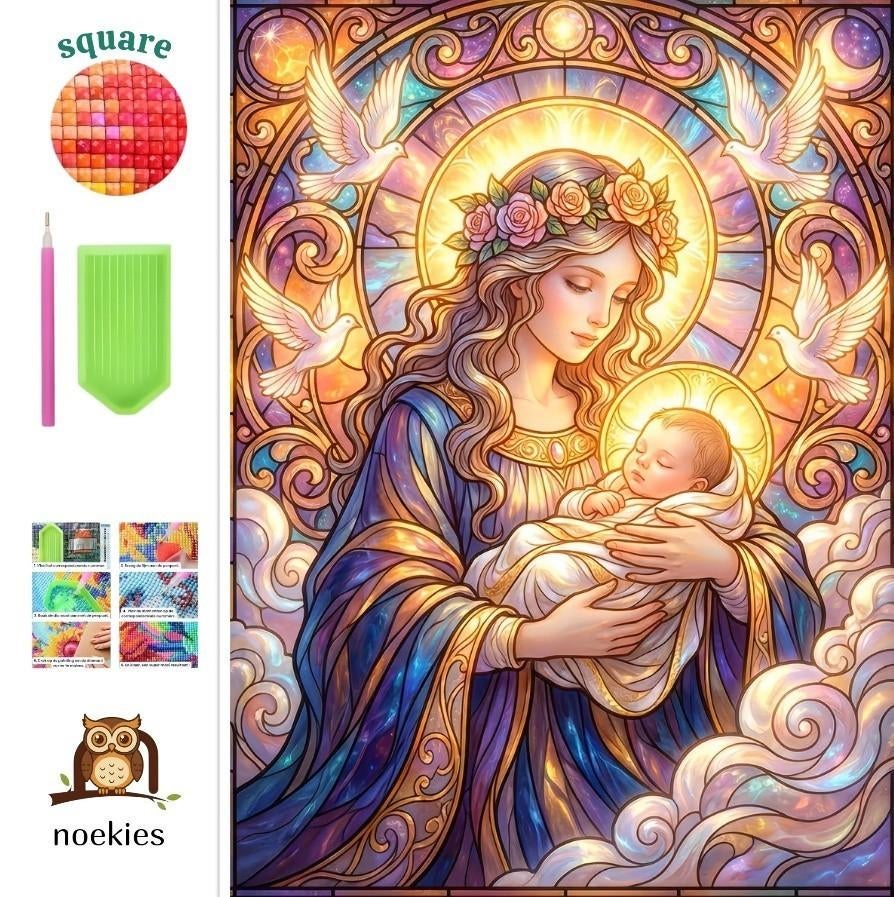 nr 66 Diamond painting moeder kind duiven 50x40cm (vierkant), Ophalen of Verzenden, Nieuw, Knutselwerk