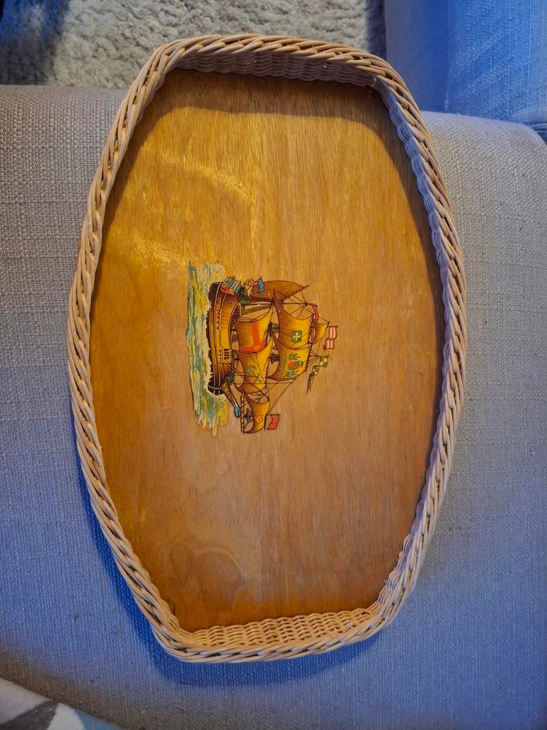 Vintage houten dienblad met afbeelding., Huis en Inrichting, Woonaccessoires | Dienbladen, Ophalen