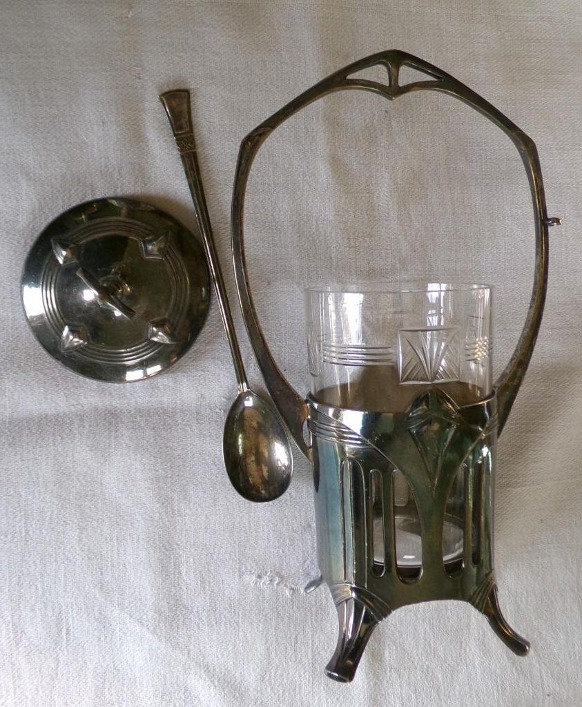 WMF  verzilverde  augurk- of pickles- of jampot met lepel, Antiek en Kunst, Ophalen of Verzenden