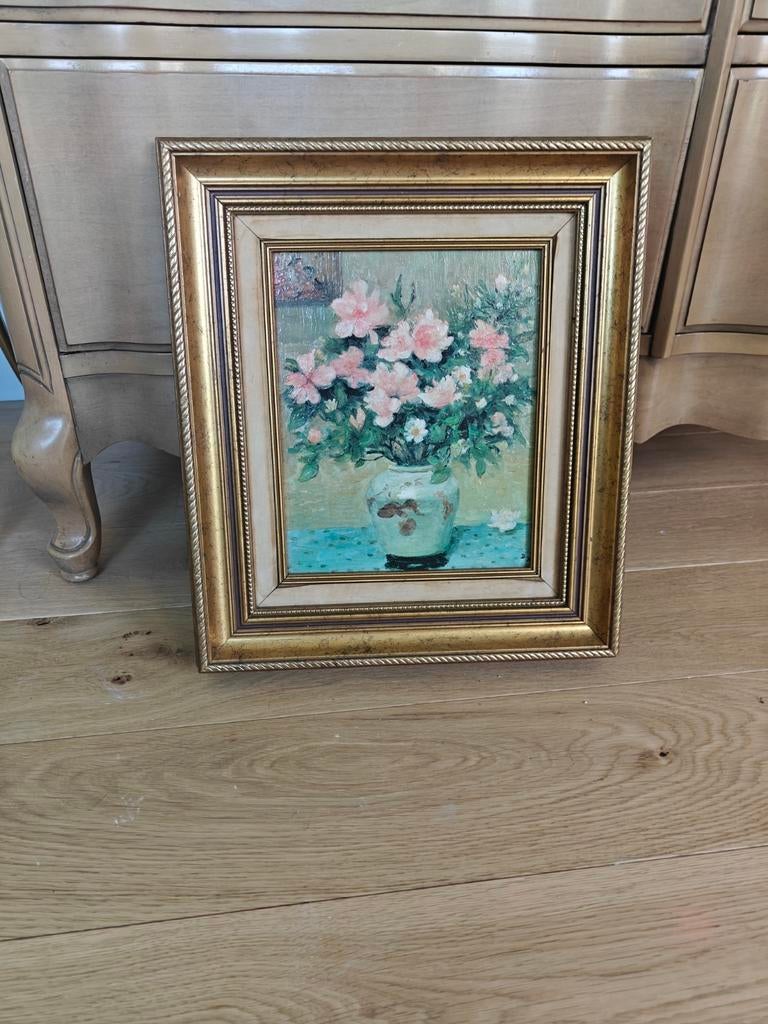 Peinture bouquet de fleurs dans les tons clairs signé Dyf, Antiquités & Art