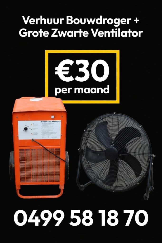 goedkoopst een bouwdroger huren + Gratis grote ventilator, Doe-het-zelf en Bouw, Ophalen