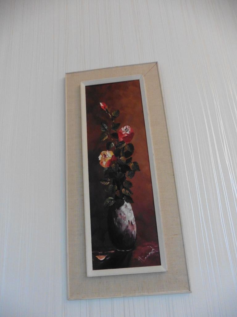 Peinture encadrée et signée, vase avec roses, vintage, Antiquités & Art, Enlèvement