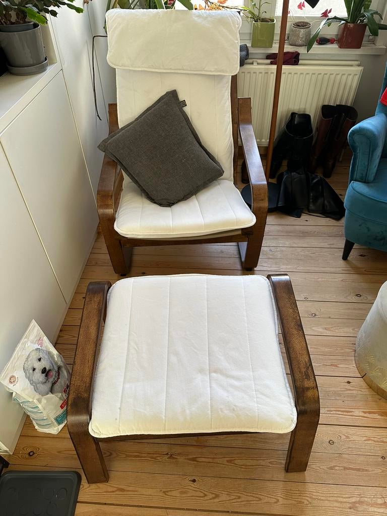 Ikea poang zetel met poef, Huis en Inrichting, Fauteuils, Ophalen, Gebruikt, Minder dan 75 cm, Stof