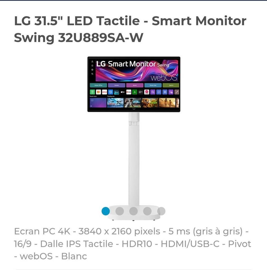 Moniteur LG Smart swing SUR PIED 31.5" led dmar, Enlèvement, LED
