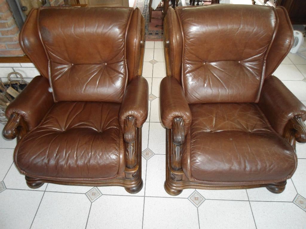 2 mooie, lederen fauteuils, Oerdegelijk. Gelijk nieuw, Enlèvement, Comme neuf, Bois