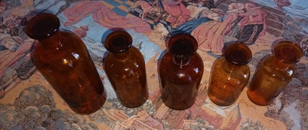5 vintage amberkleurige glazen potten farmaceutische flessen, Ophalen of Verzenden