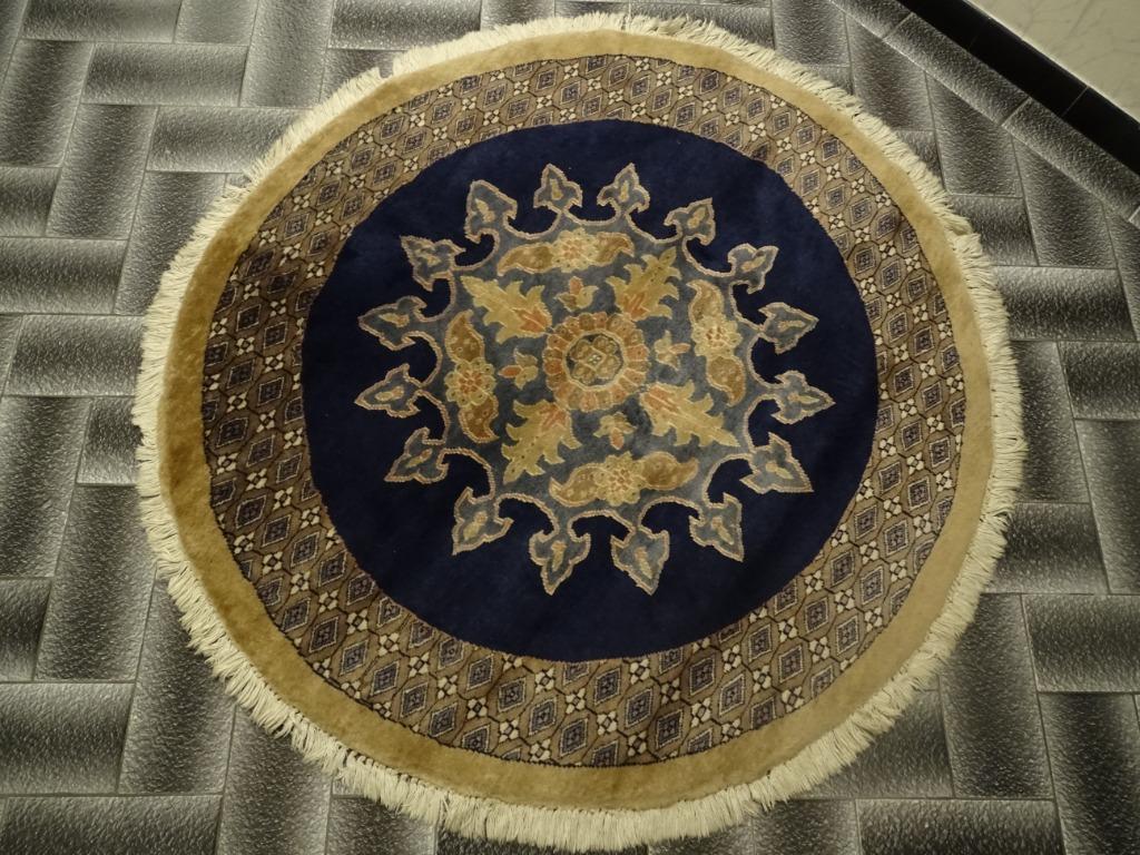handgeknoopt tapijt uit Pakistan, Karachi, rond, blauw, Ophalen