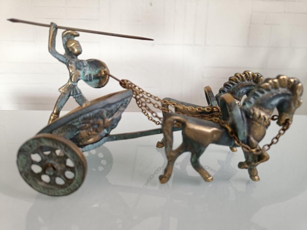 Bronzen Achilles op strijdkar met paarden., Ophalen of Verzenden